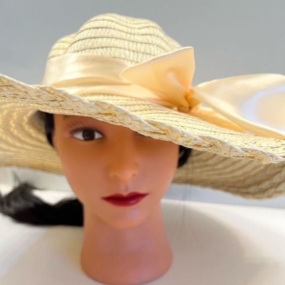 Floppy Straw Sun Hat 5” w/ Silk Bow - Beige - Picture 8 of 8